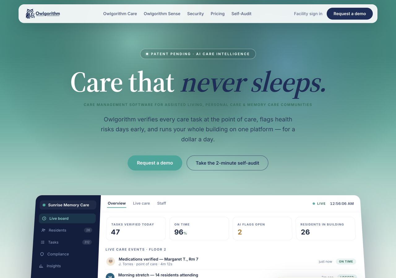 Owlgorithm homepage with its Care that never sleeps headline and teal design